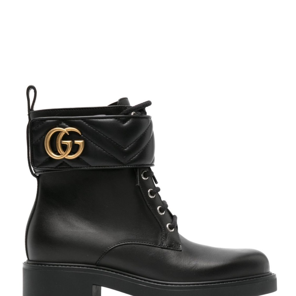 GUCCI Double G-Plaque Ankle Boots, Black, Size 6.5